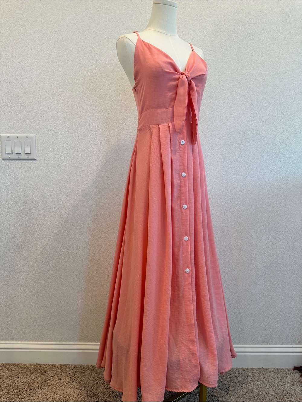 CBR Coral Pink Tie Front Maxi Dress Size Medium | Flowy Summer Dress - Picture 2 of 6